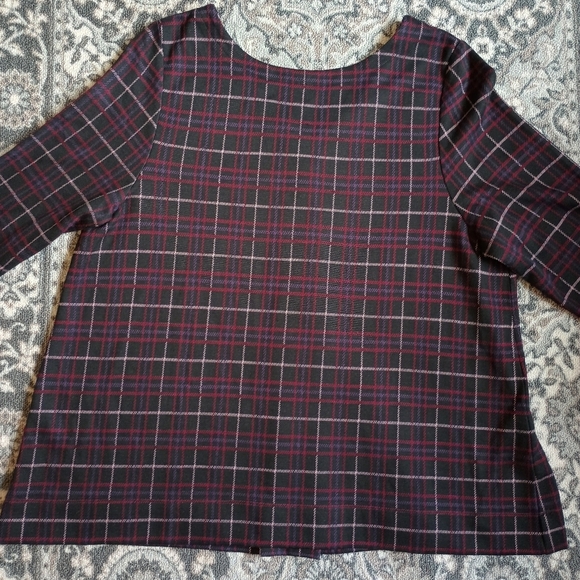 J Jill Ponte Knit Top XL Plaid Pleated Buttons Swing Red Black Academia - Picture 3 of 14